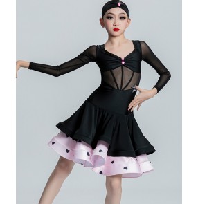 Girls kids black with pink heart pattern latin ballroom dancing dresses children modern salsa rumba latin dance performance dress for kids 